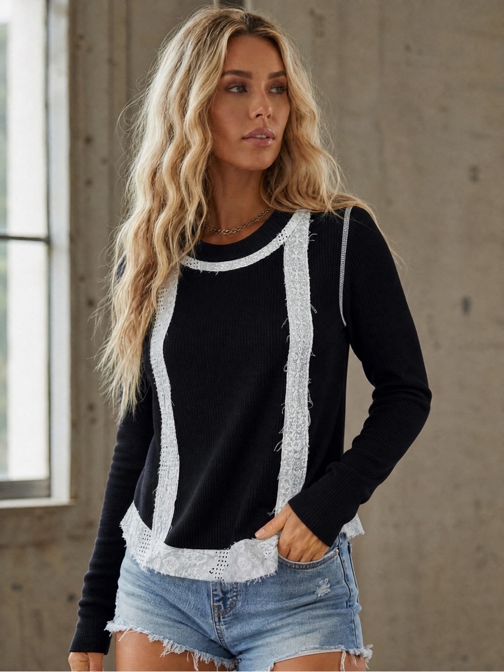 NWT POL Clothing Crochet Patch Button Detail Back Ribbed Long Sleeve Top Shirt